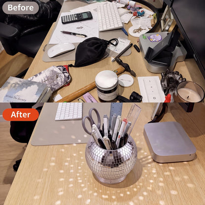 Gandeer 360 Degree Rotating Disco Ball Pencil Holder for Desk 4.5 Inch Back to School Desk Accessories Disco Pen Makeup Brush Organizer with Silver Sequins for Office Classroom Bedroom Decor