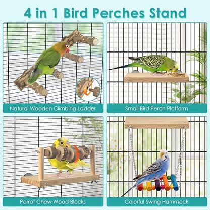DBNESS 4 Pcs Bird Perch with Swing, Parrot Perches Platform with Chew Blocks, Natural Climbing Ladder Bridge Colorful Hammock for Budgies, Cockatiels, Lovebirds, Finches