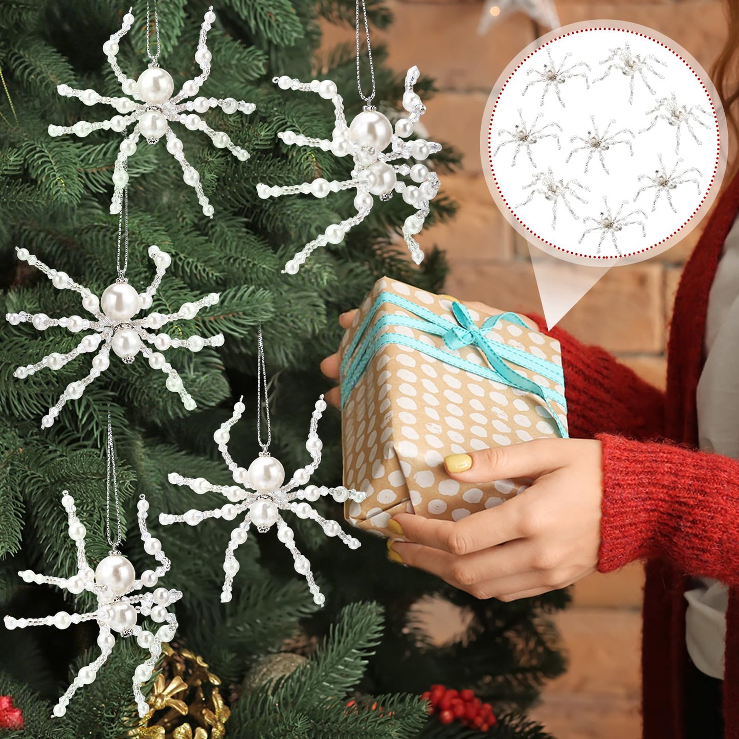 Reallnaive 8 Pcs White Christmas Spider Ornament Glitter Beaded Spider Hanging Ornaments Decorations for Christmas Tree Holiday Decor Gift