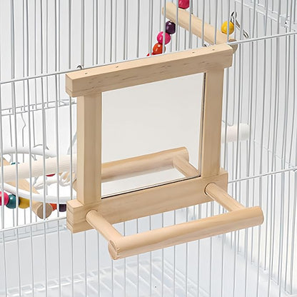 Natural Wood Bird Stand with Mirror, Perch and Swing Toy for Parakeets, Hummingbird, Lovebirds and Cockatoos (1 Pack)