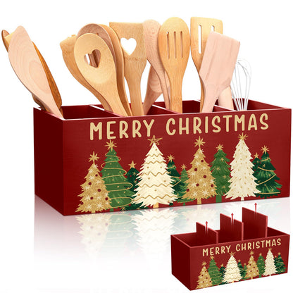 Meanplan Christmas Utensil Holder Christmas Kitchen Decor Extra Large Kitchen Utensils Holder with 4 Compartments for Xmas Farmhouse Indoor Decoration