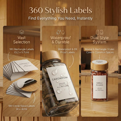 Livabl Glass Spice Jars with 360 Labels -24 pcs- 4oz- Spice Containers with Bamboo Lids -Shaker Lids- Pepper Grinder-Spice Organization for Cabinet-Drawer-Rack-Seasoning Organizer-Square bottles