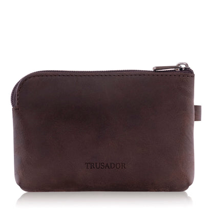 Trusador Milano Unisex Leather Front Pocket Wallet Coin Purse Zipper Pouch with Keychain (Brown)