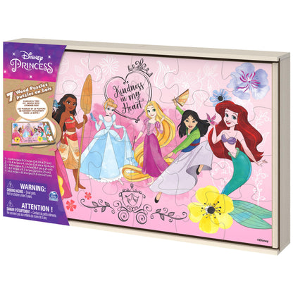 Spin Master Games, Disney Princess Puzzles, 7-Pack, Jigsaw Kids Puzzles, 12, 16, & 24 Pieces, Featuring Ariel, Tiana, Rapunzel, Pocahontas, Storage Tray, for Ages 4 & Up
