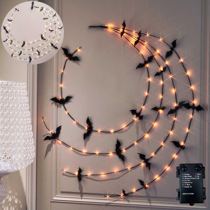 LITBLOOM Halloween Garland with Lights 6FT 80 Orange and Warm White Fairy Lights, Lighted Black Garland Battery Operated with Timer Lit Bats for Wall Porch Decoration