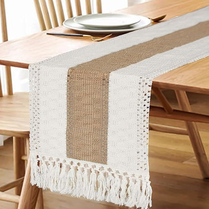 FEXIA Boho Table Runner for Summer Home Coffee Decor with Tassels 36 Inches Long Farmhouse Rustic Table Cloth Cream & Brown Macrame for Kitchen Dining Bedroom Decor Bridal Shower (12x36Inches)