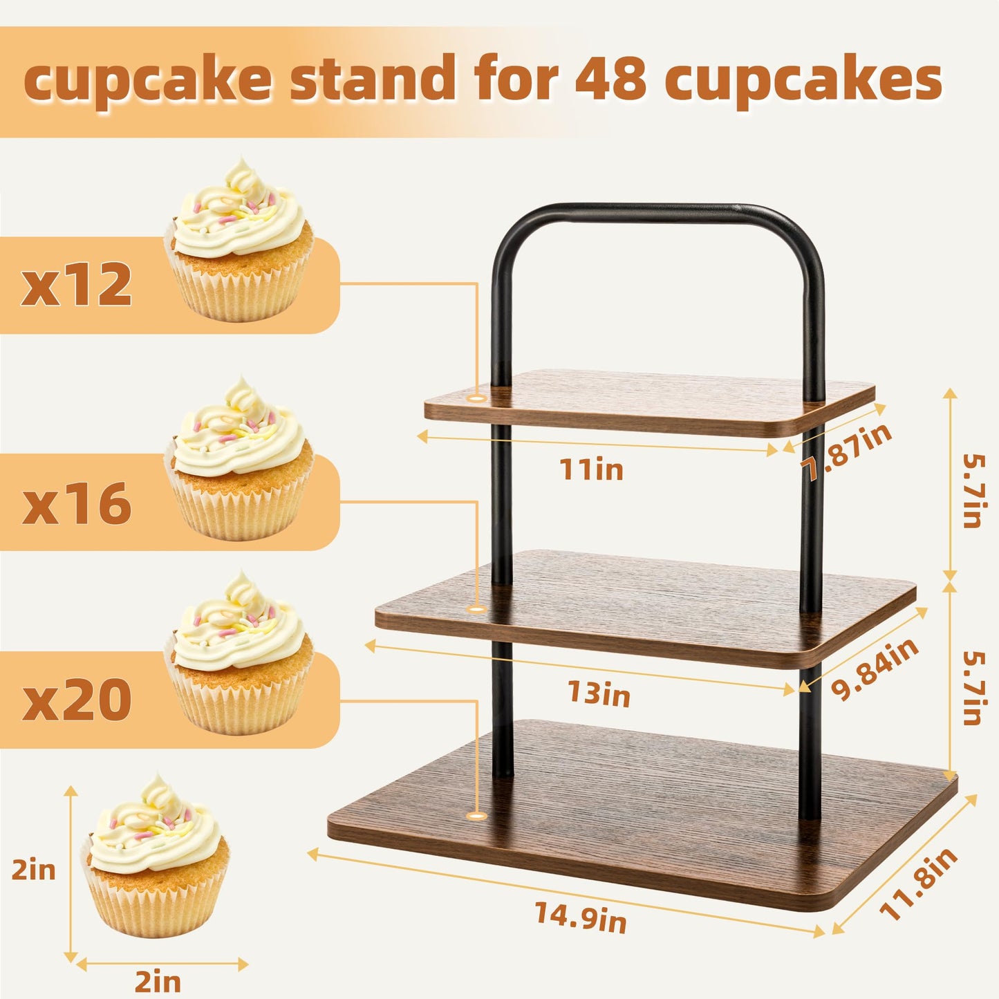 Aminigram Wooden Cupcake Stand, 3 Tier Large Cupcake Tower Stand 50 Cupcakes, Dessert Tiered Tray Stand for Party, Wedding, Birthday, Halloween, Farmhouse Decor