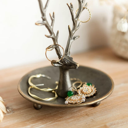 SOFFEE DESIGN Jewelry Tray Ring Dish Holder, Metal Deer Antler Jewelry Stand with Tray Display Organizer, Deer Tree Jewelry Hanger Rack for Hanging Necklaces, Rings, Earrings, Bracelet, Watches