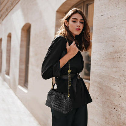 Joryin Woven Women's Crossbody Bag & Evening Purse, Trendy Dumpling Clutch & Hobo Cloud Shoulder Bag Trendy Dumpling Clutch Vegan Leather, Black