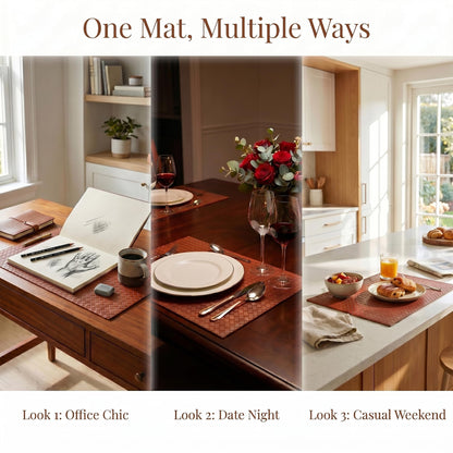 DRMHM Lattice Faux Leather Placemats Set of 6 for Kitchen Dining Table Decor Heat Resistant Table Placemats Waterproof Table Mats 17 * 12in Brown