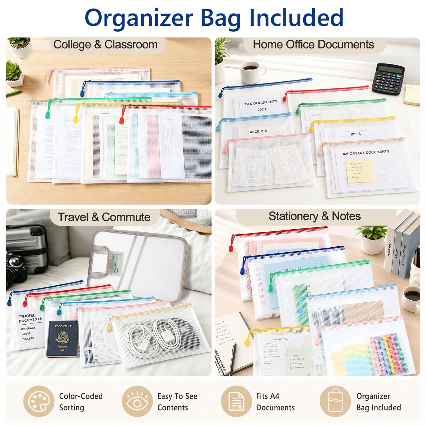 ROYPACK 7 Pack PVC Mesh Zipper Pouch Set with 1 Organizer Bag A4/Letter Size Translucent File Bags Water-Resistant Plastic Document Pouches for Office College School & Travel Supplies (8pcs)