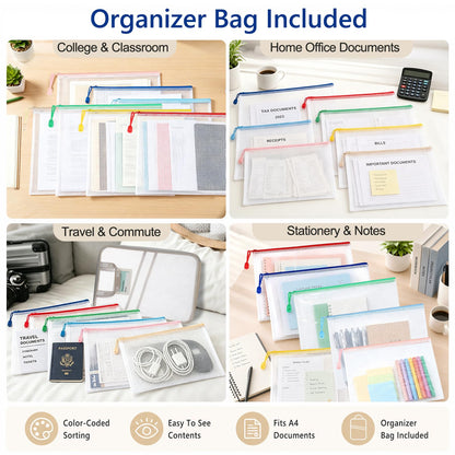 ROYPACK 7 Pack PVC Mesh Zipper Pouch Set with 1 Organizer Bag A4/Letter Size Translucent File Bags Water-Resistant Plastic Document Pouches for Office College School & Travel Supplies (8pcs)