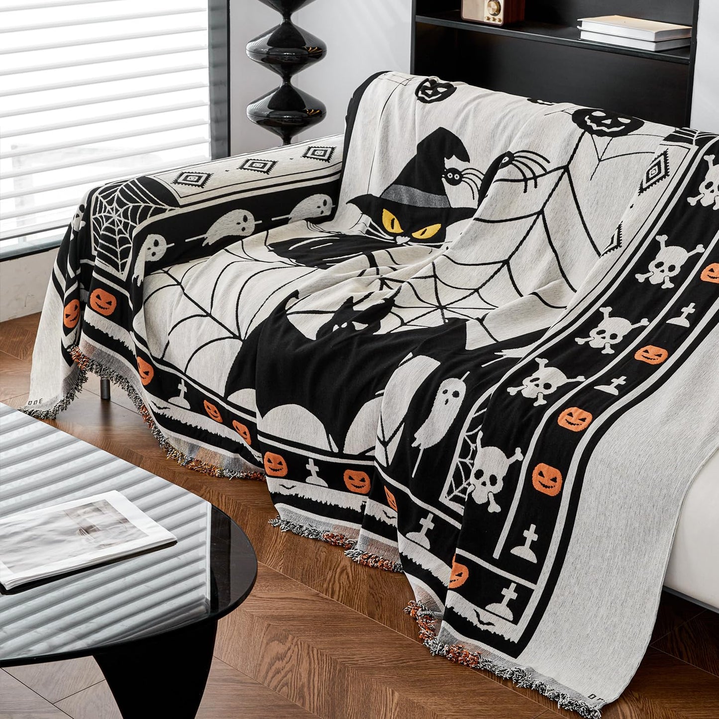EVENHUG Halloween Theme Sofa Covers with Tassels Reversible Couch Cover for Pets Dogs Halloween Home Decoration Sofa Slipcover for 2-3 Cushion Couch Washable Chenille Couch Protector (71" X102")