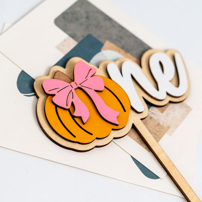 Upfirst Wooden Pumpkin One Cake Topper - Halloween Theme Party Decorations,Sweet Bow Pumpkin Sign First Birthday Cake Topper,Fall Harvest Thanksgiving Party Supplies (pumpkin topper)