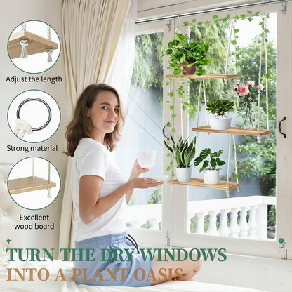 CMXZSAM Window Plant Shelves 3-Tier Boho Window Sill Plant Shelf Indoor Hanging Wood Window Plant Hanger for Plants Herb Garden, Flower, Succulents, Micro Greens, Seedling Pots Display Stand