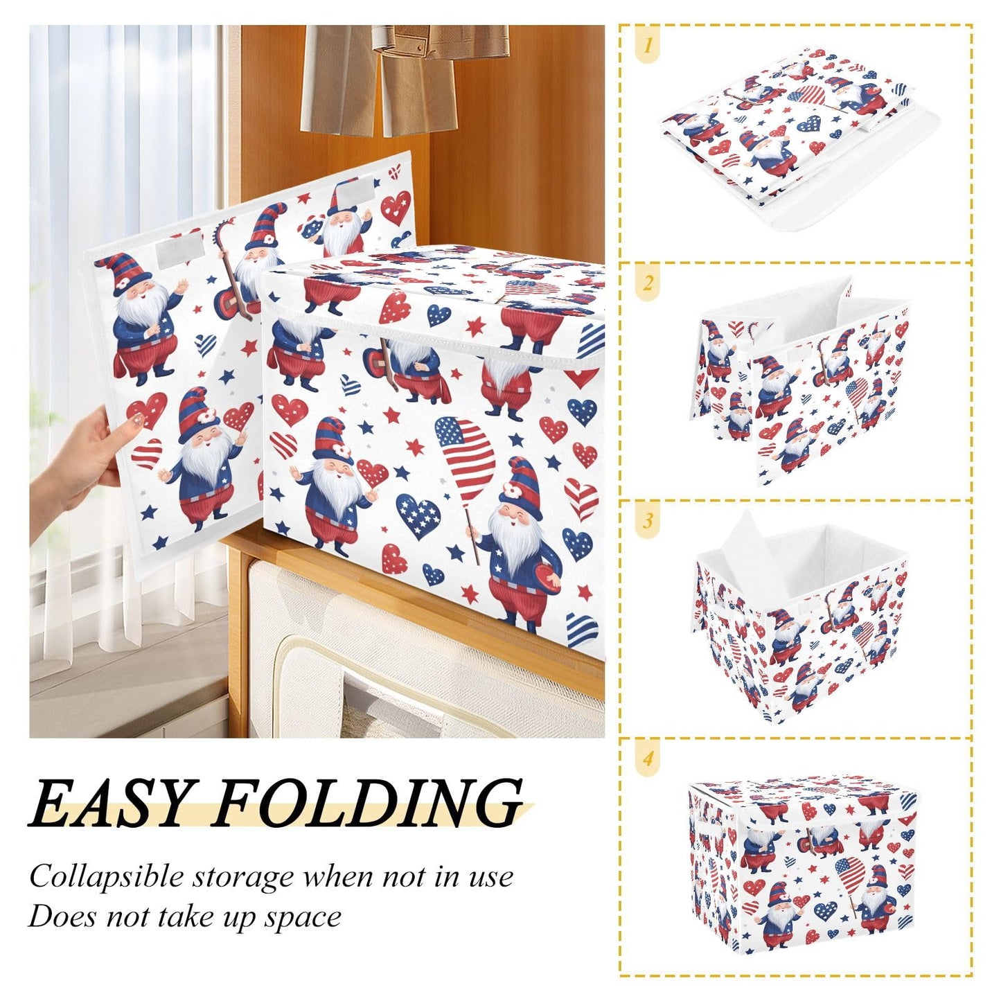 Storage Bins with Lids and Handles,American Day Flag Stars Gnomes Storage Box Storage Basket with Cover Collapsible Organizer Containers for Home Closet, Shelves