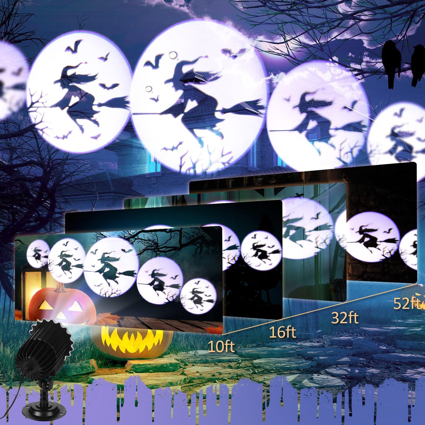 Lingvee Halloween Projector Light with 1 Film Slides Holiday LED Projector Lights Outdoor Reflectors Waterproof Landscape Decorative Rotation Lighting Movement Projection Lamp(Witch)