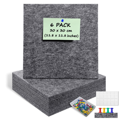 ANLIOTE 6 Pack Felt Bulletin Cork Board Tiles for Wall, 1/2" Thick Self Adhesive Pinboard Squares with 60 Pushpins, Felt Panels Wall Organizer for Photos, Pictures, Memos (11.8"x11.8"- Dark Grey)