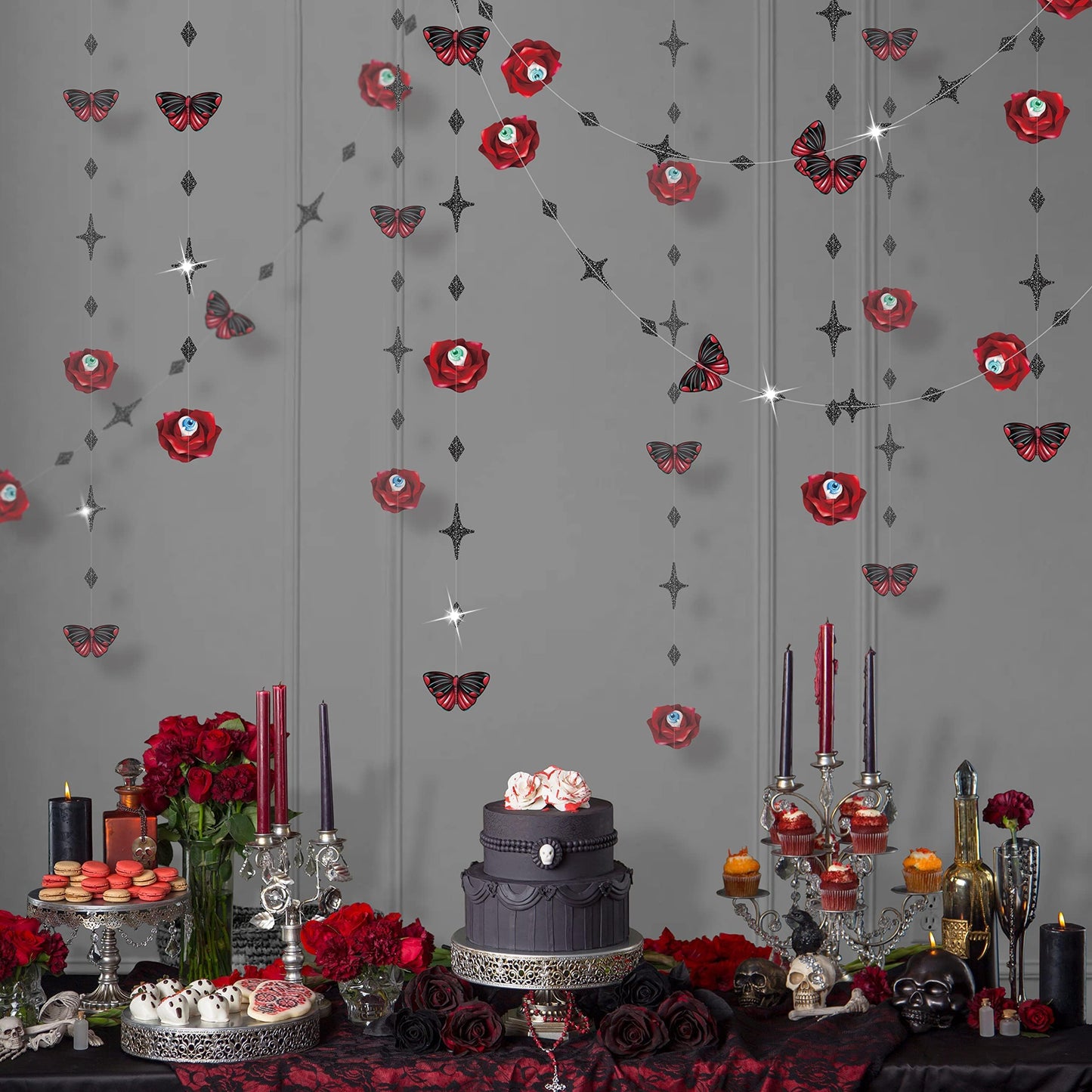 Cheerland Bundle Halloween Centerpieces 3D Rose Skull Candle Cutouts & Garland Red Rose Butterfly Eyeballs 4pcs & Cupcake Toppers Plastic Rose Skull Muffin Decors