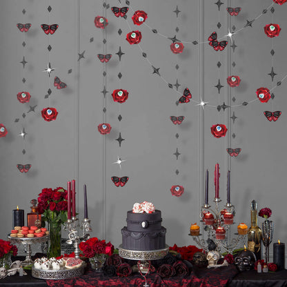 Cheerland Bundle Halloween Centerpieces 3D Rose Skull Candle Cutouts & Garland Red Rose Butterfly Eyeballs 4pcs & Cupcake Toppers Plastic Rose Skull Muffin Decors