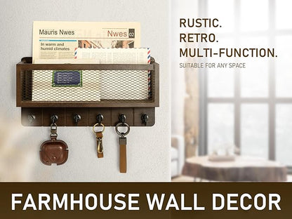 Rebee Vision Farmhouse Key Holder for Wall with Mail Storage Basket : Decorative Wall Mount Organizer with 6 Sturdy Wall Hooks and Wooden Key Rack - Rustic Home Decor (Retro Brown)