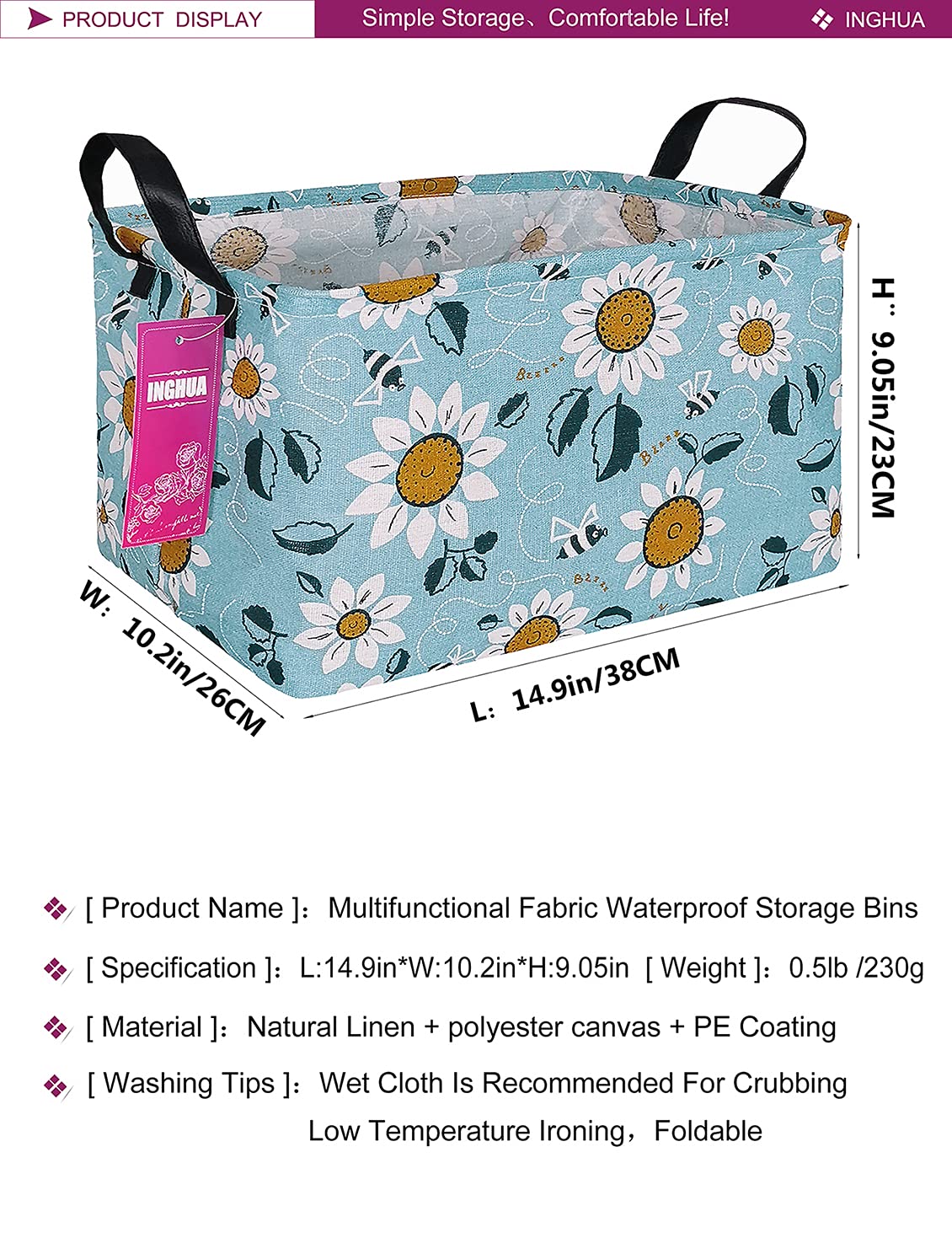 INGHUA Rectangular Storage Basket Fabric Organizer Bin for Toys,Books,Clothes,Gifts,Pets-Perfect for Home,Office,Nursery,Dorm,Shelf(Rec Sunflower)