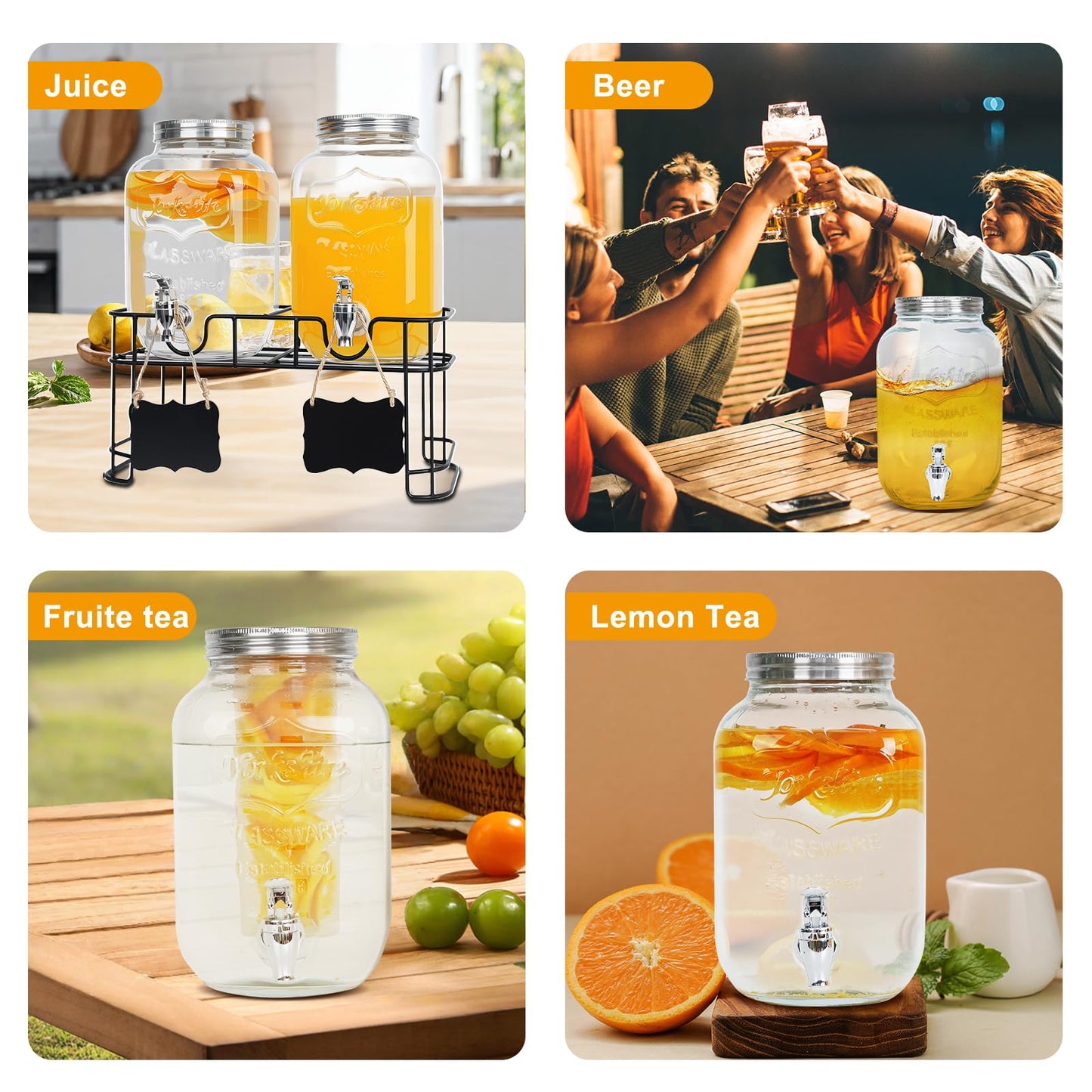 2 Pack 1 Gallon Glass Drink Dispensers,Beverage Jars with Stand