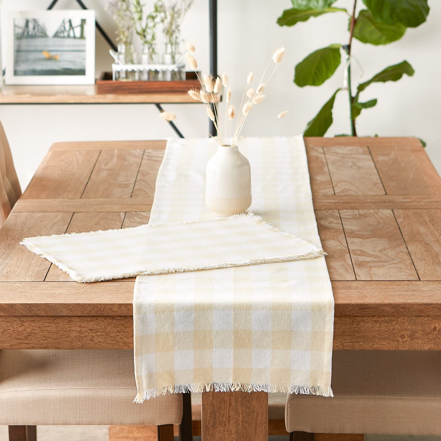 DII Heavyweight Fringed Check Tabletop Collection, Placemat Set, 13x19, Natural, 6 Count