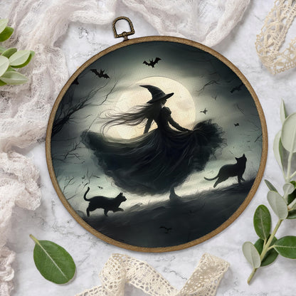 Gnmduw Witchy Black Cat Wall Art Framed, Dark Witchy Academia Decor, Halloween Witch Round Hanging Wall Decor, Dark Gothic Moody Academia Canvas Prints Art for Living Room Bathroom Bedroom, 10x10 In