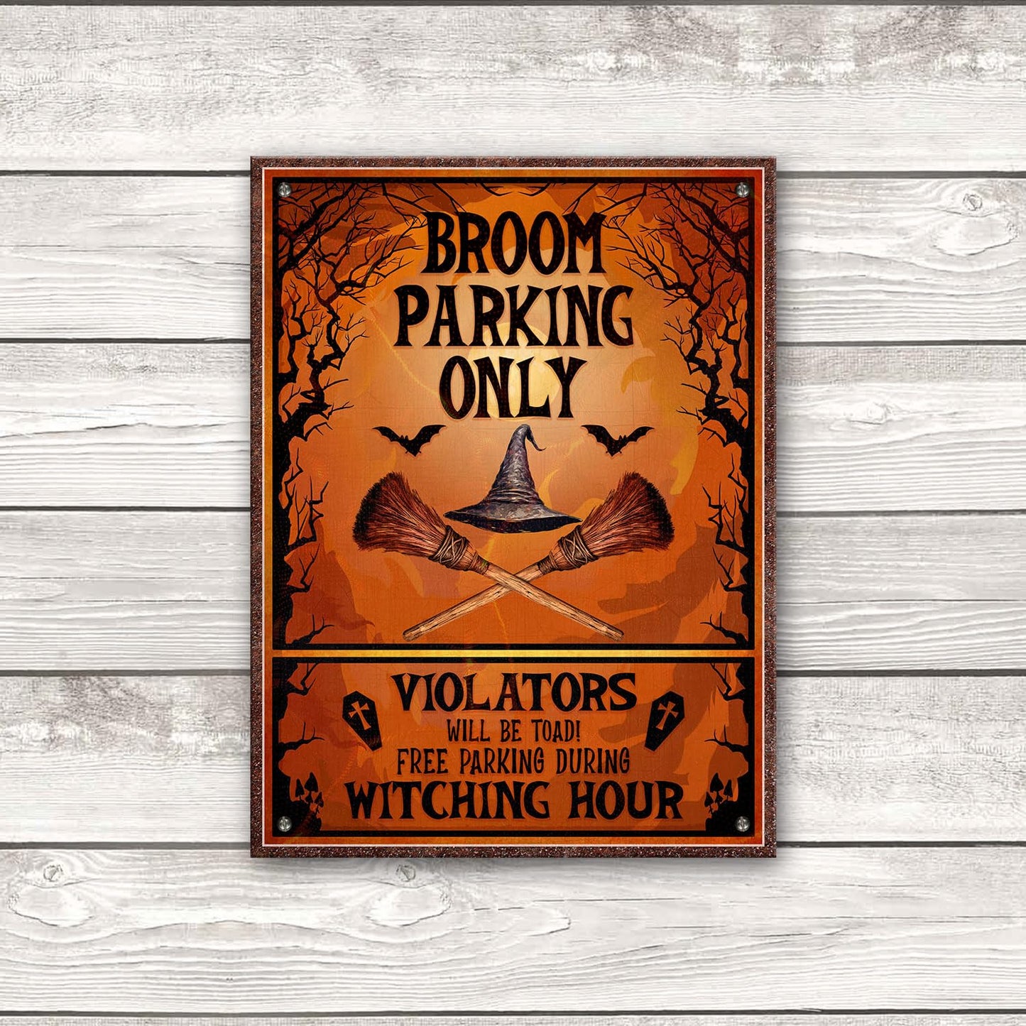 WODORO Broom Parking Only Witch Halloween Printed Metal Sign, 11.8x15.7 Inches, All Others Will Be Toad Wiccan Decor, Halloween Witch Parking Sign, Gifts For Witchy Friends Colleagues Family (01)
