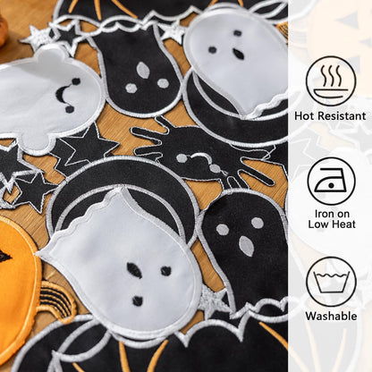 Joyfol Day Halloween Spooky Rectangular Placemats Set of 4, Cutwork Embroidered Pumpkins Place-mats 13 x 19 Inch, Black Bats Halloween Table Decorations for Parties Gothic Scary Nights