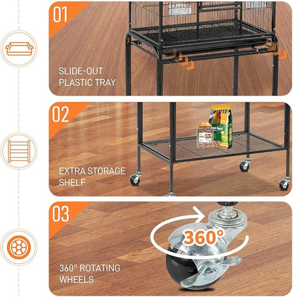 53 Inch Wrought Iron Large Bird Cage,53" Large Flight Bird Cage with Rolling Stand & Storage Shelf for Parrots Lovebird Cockatiel Parakeets, Black