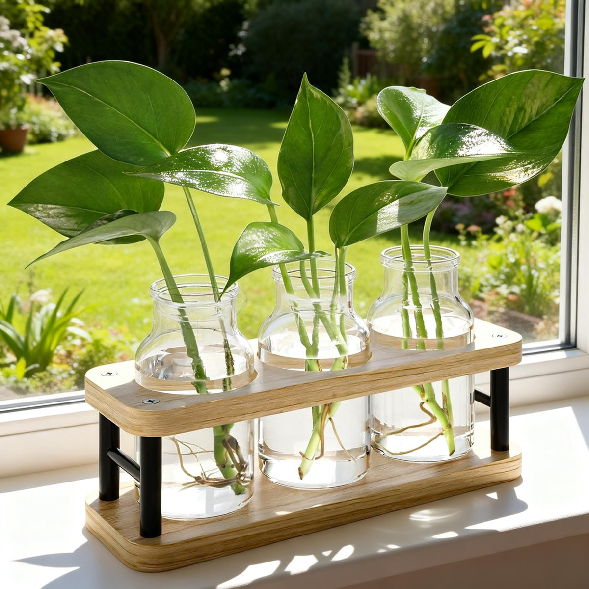 THYGIFTREE Plant Propagation Station with Wooden Stand, Propagation Vases Glass Planters for Indoor Plants Hydroponic Propagating Jars Home Office Decor, Plant Lover Gifts