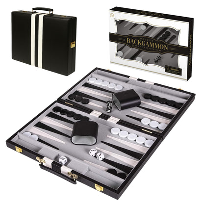 Crazy Games Premium 18 Inches Large Black - Backgammon Sets for Adults and Kids - Leatherette Back Gammon Board Game Set - Travel Backgammon Set Board Encased with Accessories