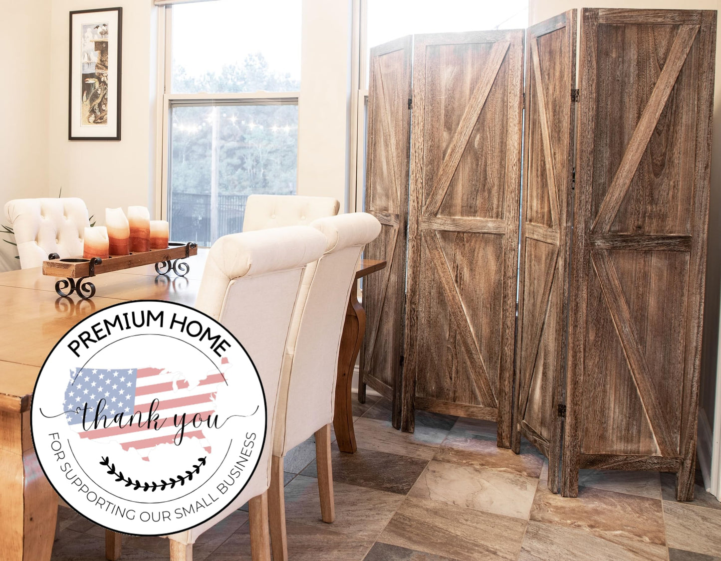 Premium Home 4-Panel Room Divider – Rustic Brown Barn Door, K Pattern Folding Privacy Screen, Partition Wall