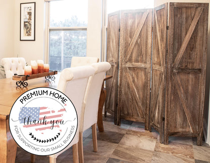 Premium Home 4-Panel Room Divider – Rustic Brown Barn Door, K Pattern Folding Privacy Screen, Partition Wall