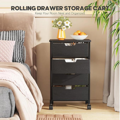 Rolling Cart with Drawers, Wooden Top and Front, with Wheels Metal Under Desk Storage Cart with 4 Drawers, for Office, Bedroom, Classroom, Home, Black