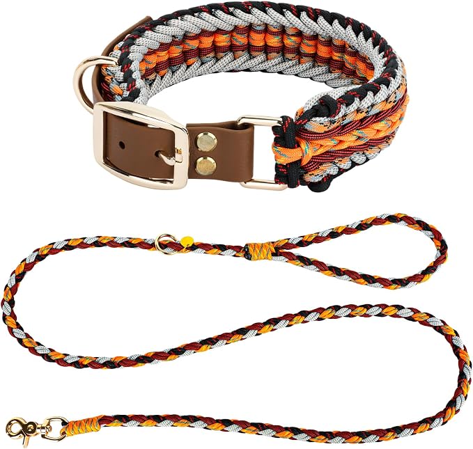 Tirevt Hand-Woven Dog Collar and Leash Set:Color-Block Design, Premium Reinforced Buckle, Adjustable Artisan Paracord for Puppies, Small, Medium & Large Dogs (Orange, XL)