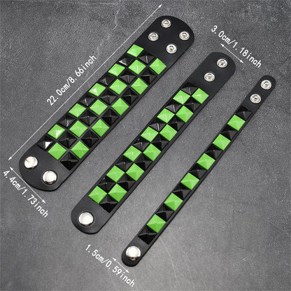Dreuyet 3 Piece Checkered Leather Bracelet Set Black White PU Wristband Adjustable Gothic Punk Style Halloween Accessories for Men Women (Black Green)