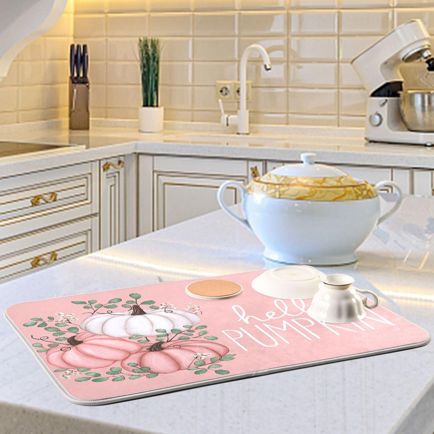 Hello Pumpkin Pink Dish Drying Mat for Kitchen Countertop 16x18 Fall Leaves Rectangle Small Drying Mat Reusable Quick Dry Dish Sink Absorbent Mats Dishwasher Easy Clean Decorative Home Essentials