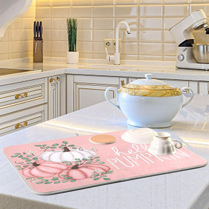 Hello Pumpkin Pink Dish Drying Mat for Kitchen Countertop 16x18 Fall Leaves Rectangle Small Drying Mat Reusable Quick Dry Dish Sink Absorbent Mats Dishwasher Easy Clean Decorative Home Essentials