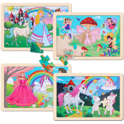 Wooden Educational Jigsaw Puzzles for Preschool Kids Ages 3-5, 4-Pack with 20 Pieces Unicorn Princess Wood Puzzles Set, Toddler Brain Teaser Toys, Preschool Gifts for Boys Girls Ages 3 4 5 6