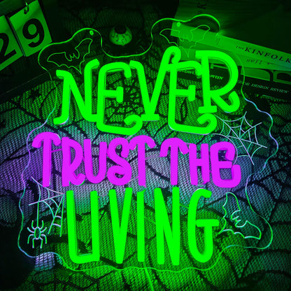 Ajoyferris Never Trust The Living Neon Sign Halloween Neon Signs for Wall Decor Dimmable Tombstone Led Sign Gothic Haunted House Neon Lights for Windows Halloween Party Decor