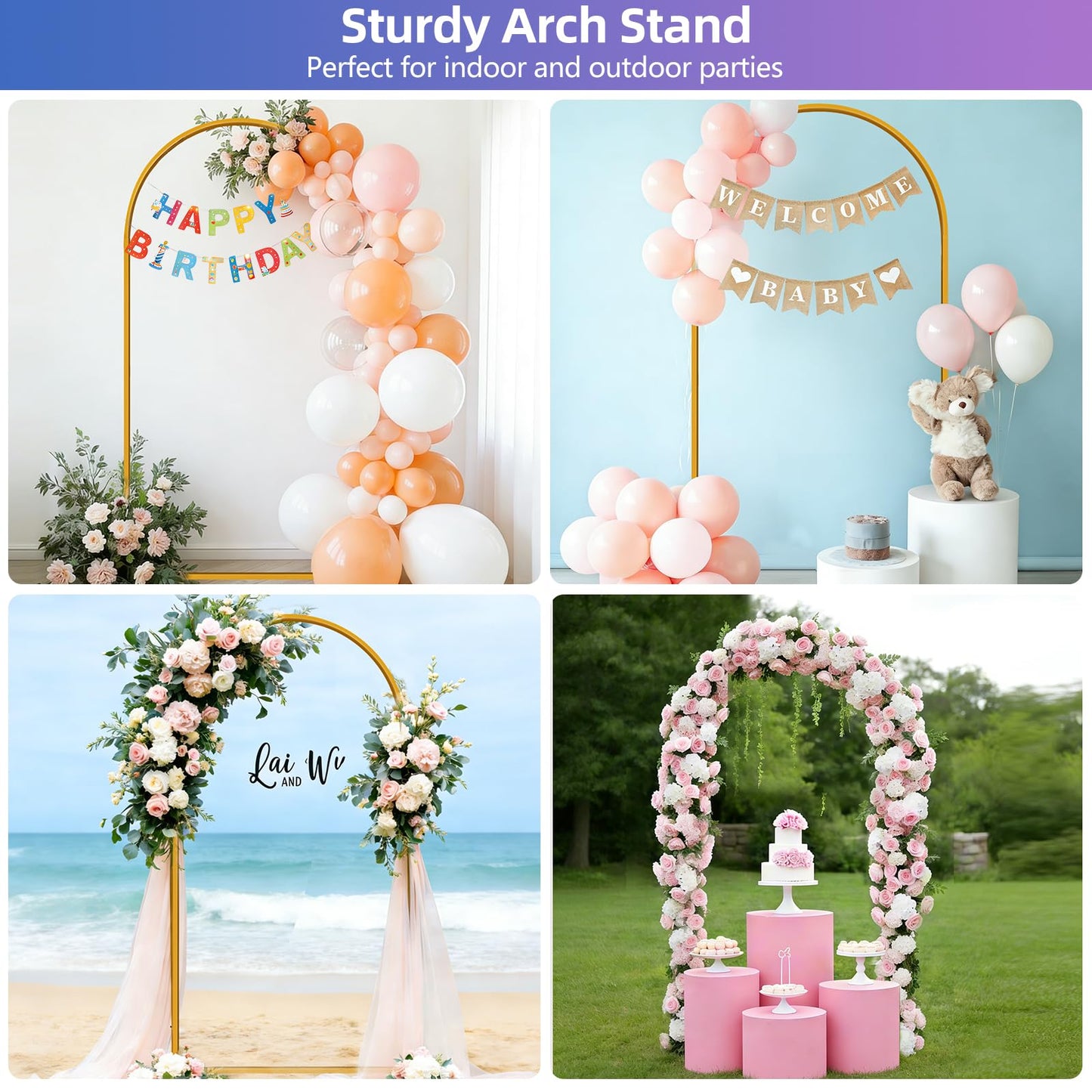 Hemmotop 6FT Arch Backdrop Stand for Party, Ceremony, Metal Arch Frame with Ground Stakes, Gold Photo Back Drop Stand for Bridal Shower, Birthday, Photo Booth, Garden Decoration, Baby Shower