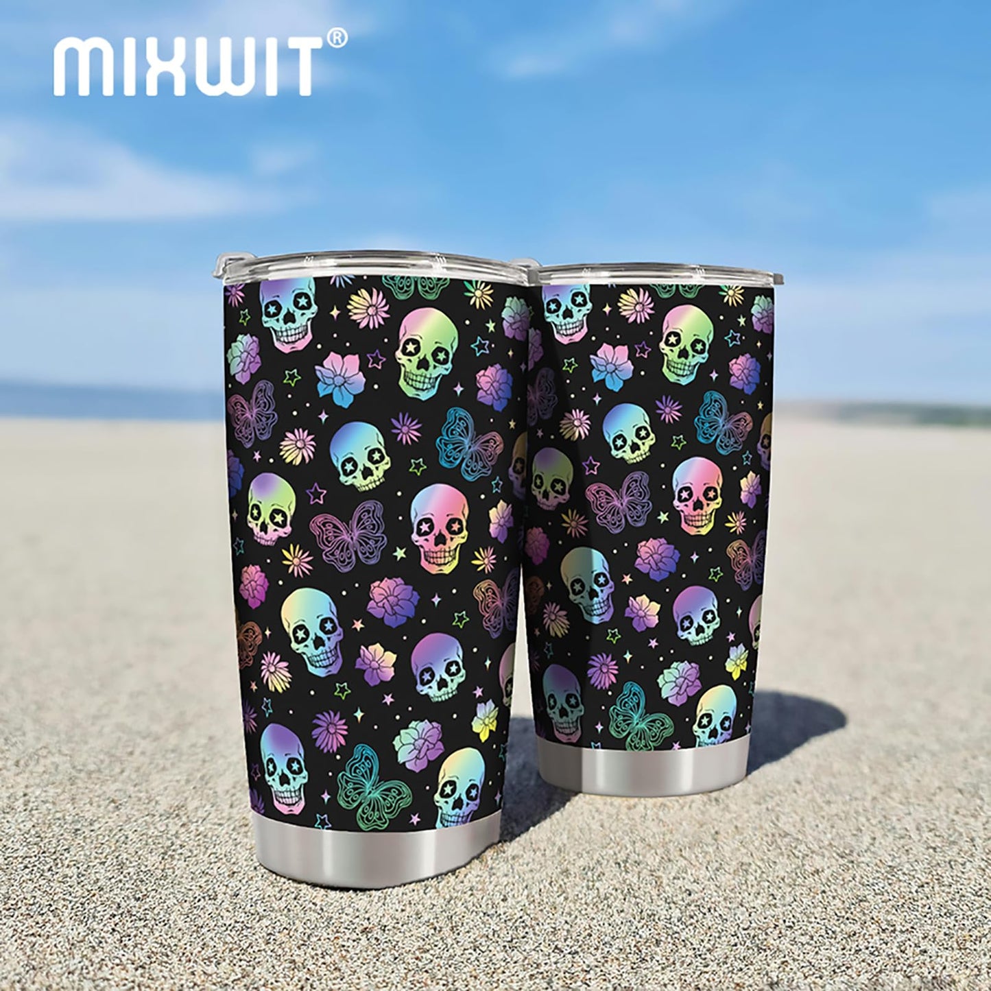 MIXWIT 20oz Rainbow Skull Stainless Steel Insulated Tumbler with Lid Colorful Floral & Butterflies Gothic Punk Style Coffee Travel Mug Cup Birthday Halloween Christmas Skull Gifts for Women