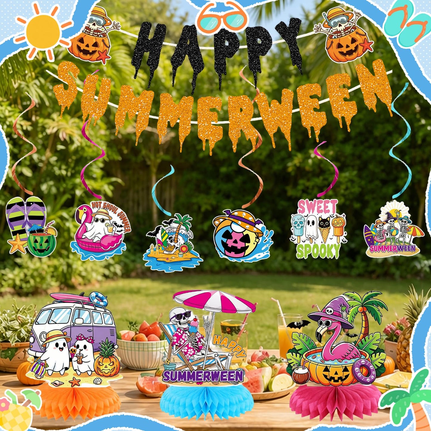 10PCS Happy Summerween Party Decorations Kit, Glitter Summer Halloween Banner Hanging Swirls and Honeycomb Centerpieces Table Decor for Summerween Pool Beach Party Supplies