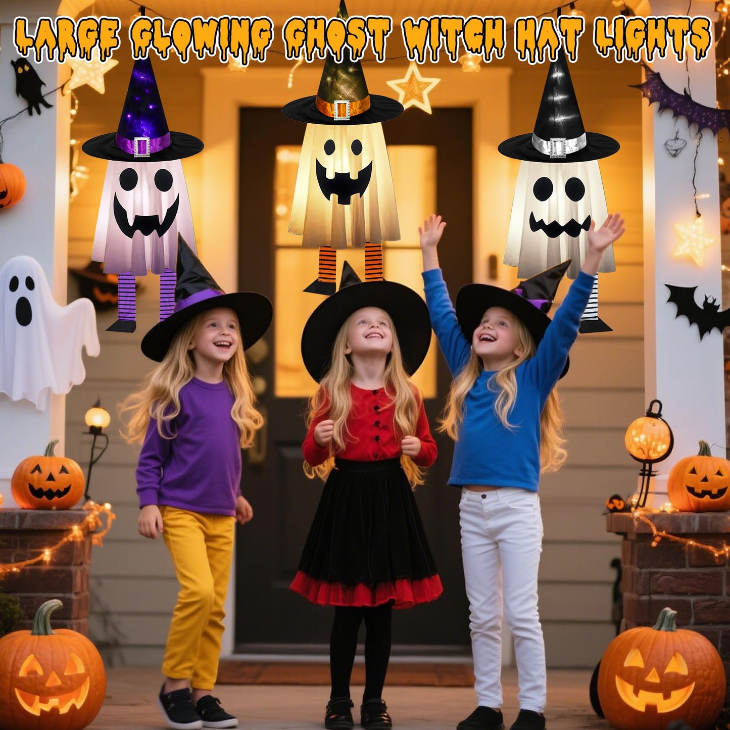 Halloween Decorations Outdoor - 3PCS Halloween Hanging Light up Ghosts, Orange & Purple & White Spooky Glowing Ghost Witch Hat for Garden Yard Tree Haunted Houses Indoor Outside