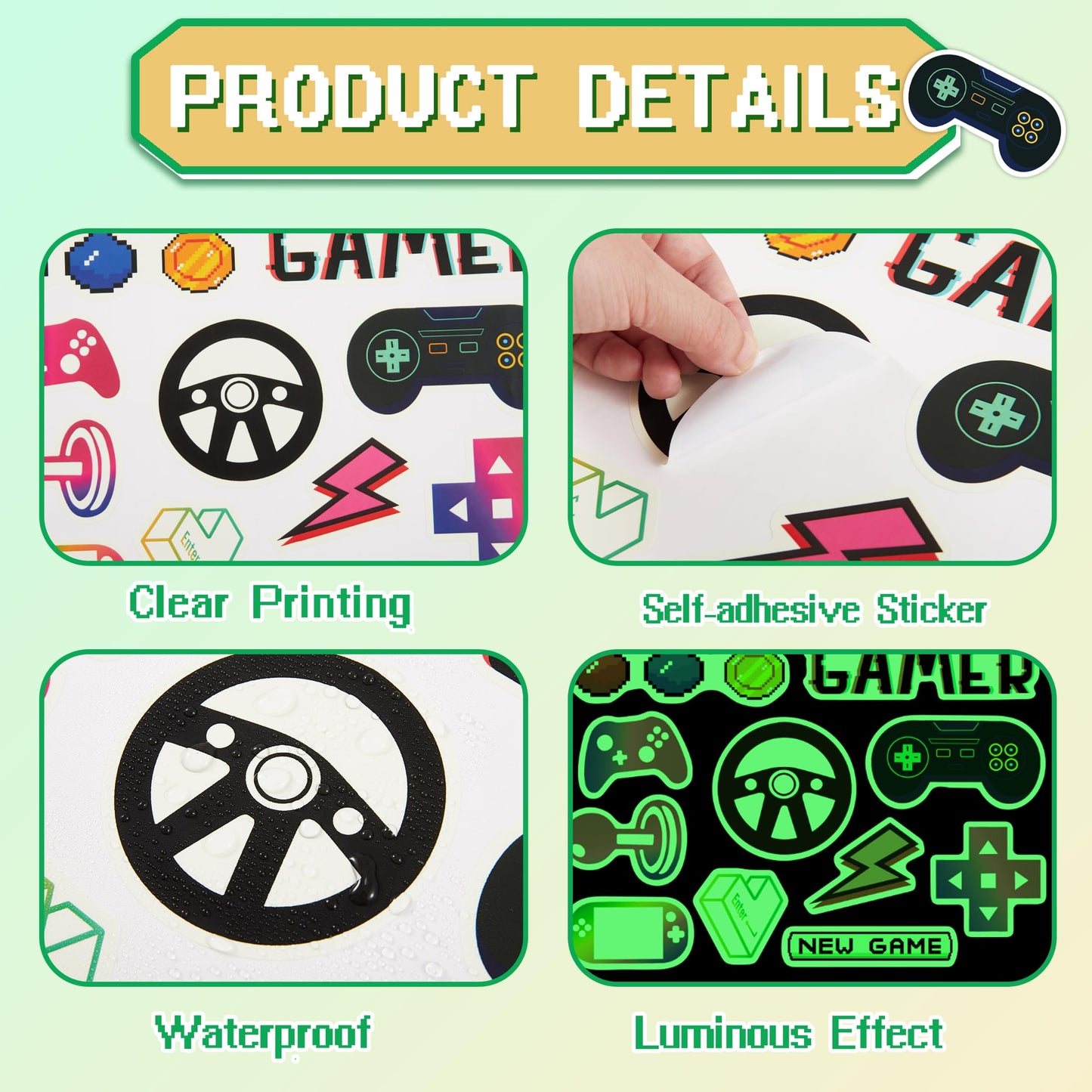 Glow in The Dark Gamer Wall Stickers, Game Controller Joystick Video Gaming Wall Decals, Boys Baby Kids Bedroom Playroom Room Decor Nursery