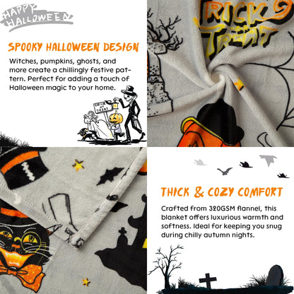 Pumpkin Halloween Throw Blanket 50” x 70” Reversible Castle Cat Bat Print Fleece Throw Blanket, 320 GSM Surper Soft Warm Cozy Blanket for Couch Sofa, Halloween Harvest Gifts and Orange Home Decor