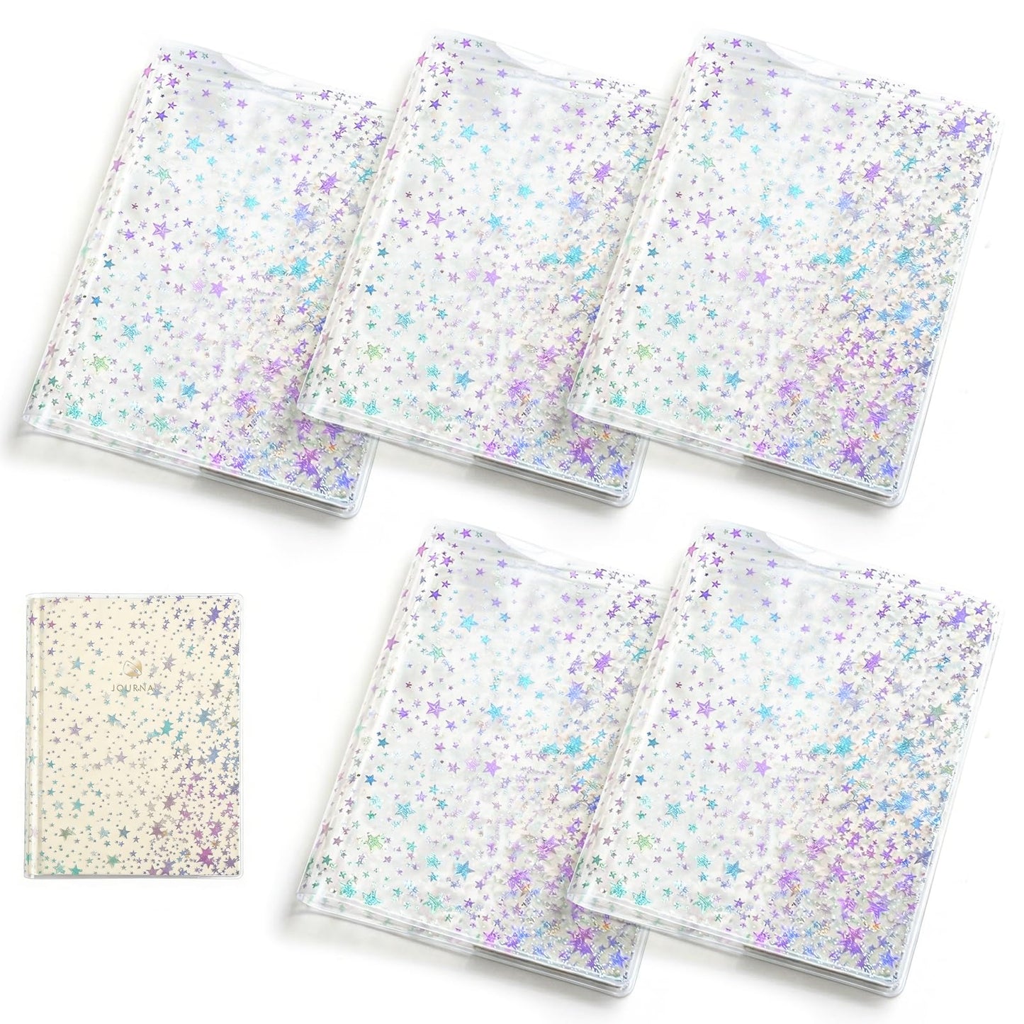 5 Pcs A5 Planner Cover,Glitter Star Jelly Cover Transparent Notebook Cover,Waterproof PVC Clear Journal Cover for a5 Standard Notebooks,Sparkling Star Design